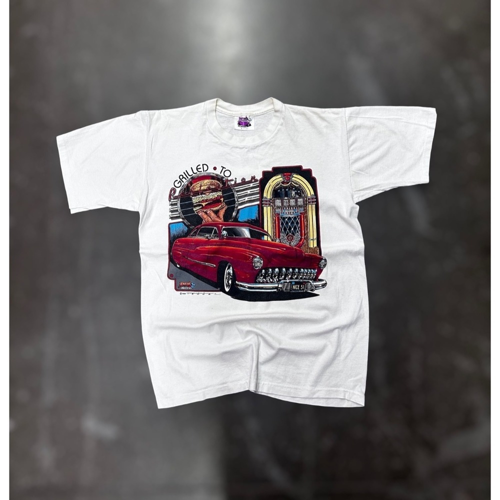 Vintage 1989 Andy's Tee Shirts Grilled To Perfection Hot Rod Car Graphic Shirt L